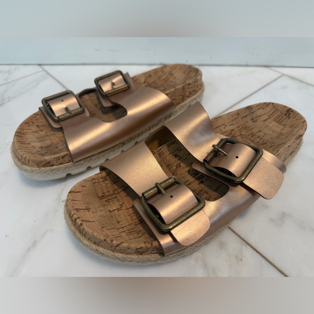 Esprit Women’s 8 Brielle Rose Gold Copper Cork Dual Strap Slip On Slide Sandals